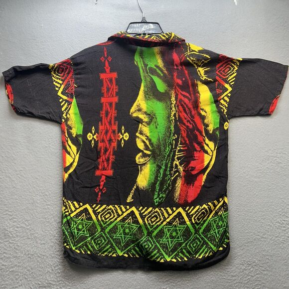 Vintage Bob Marley Shirt Mens Medium Rasta Reggae Rayon Button Allover Print Blk - Picture 4 of 9